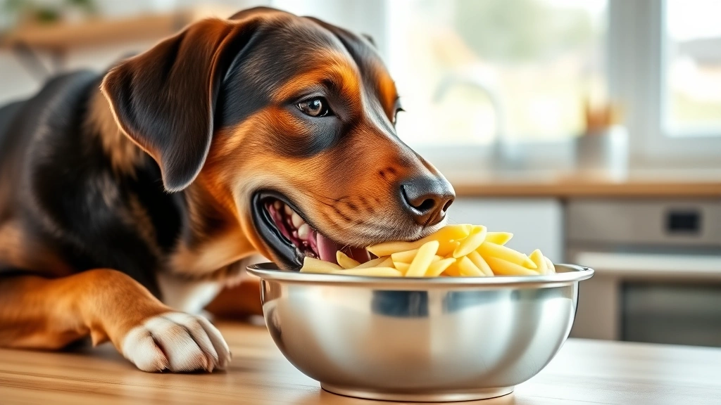 Happy Labrador eating from a stainless steel bowl filled with plain cooked pasta, bright natural light, clean kitchen background