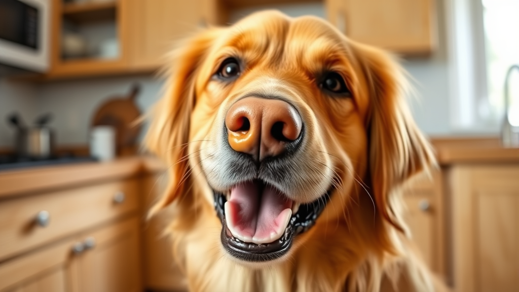 Happy golden retriever with peanut butter on nose, kitchen background, natural lighting, no text no words no letters