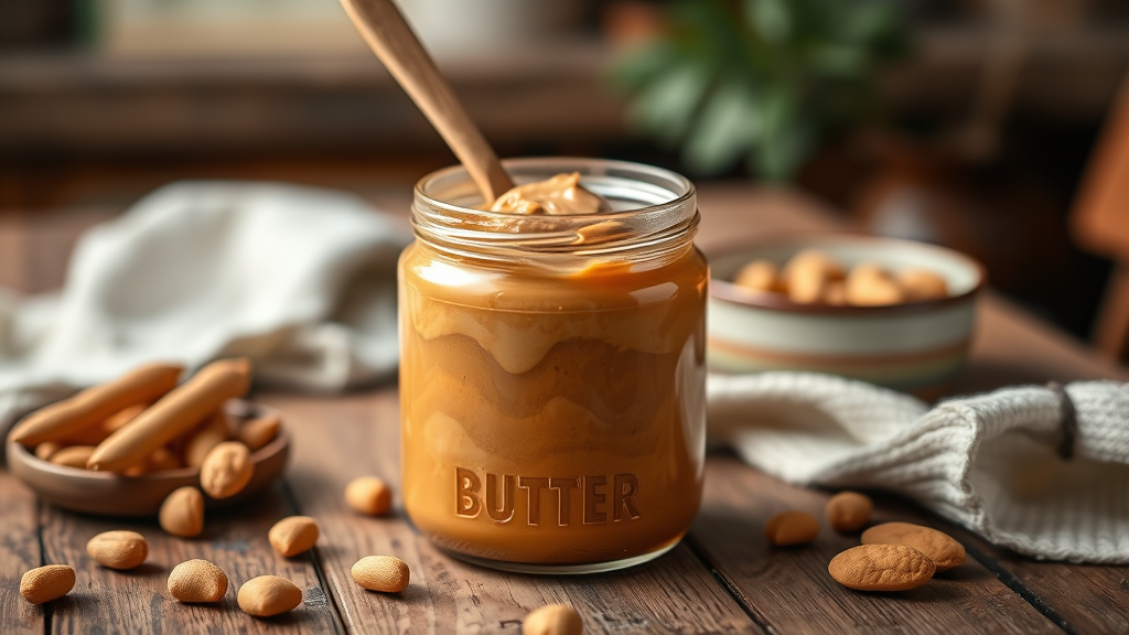 Jar of natural peanut butter with wooden spoon, rustic table setting, warm lighting, no text no words no letters