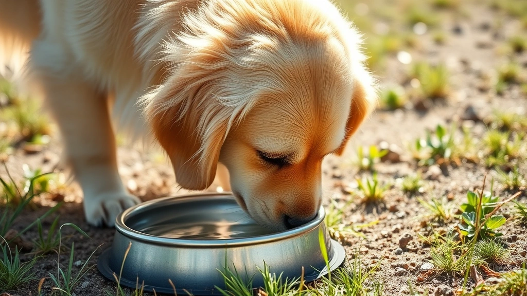 Golden retriever drinking from a water bowl, fresh and healthy appearance, bright natural lighting, shallow depth of field