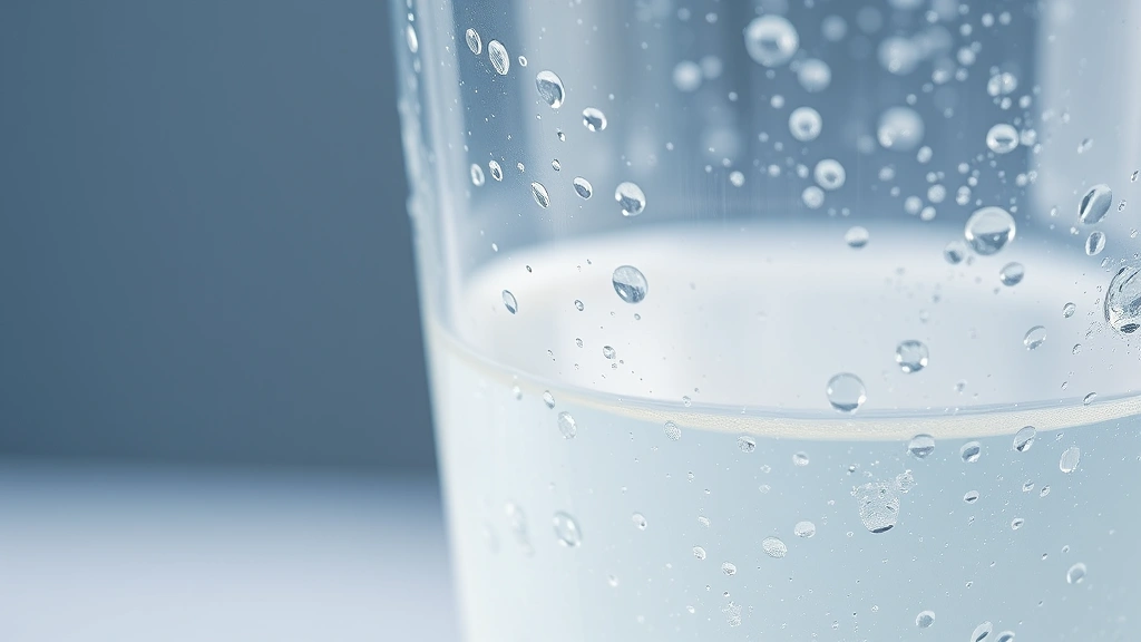 Close-up of a clear glass containing pale electrolyte solution with water droplets on the outside, professional medical photography style