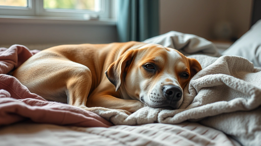 Sick dog resting on a comfortable bed with blankets, showing signs of mild illness, soft natural window lighting, peaceful home environment