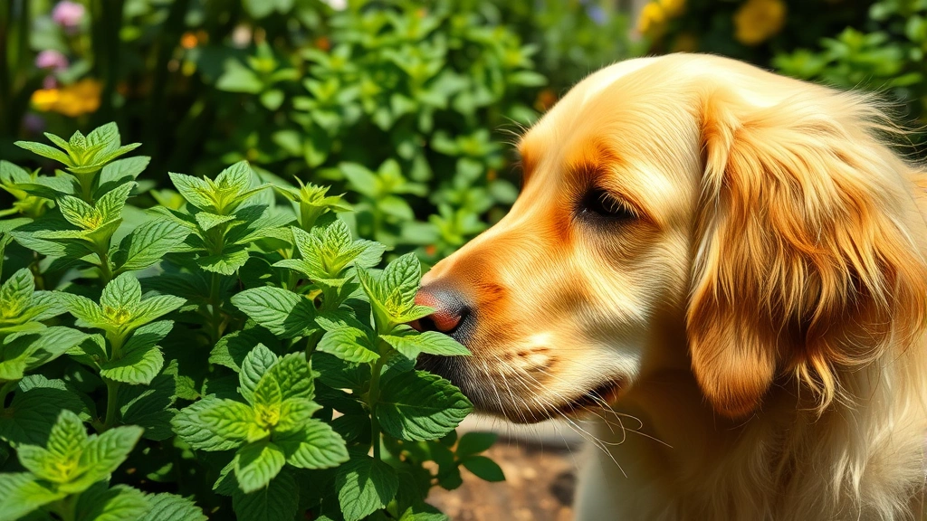 Golden Retriever looking curious at fresh green peppermint plant leaves in a garden, natural daylight, close-up perspective