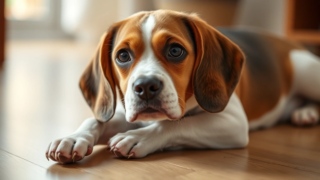 Adorable brown and white Beagle lying on wooden floor with concerned expression, soft indoor lighting, side profile view