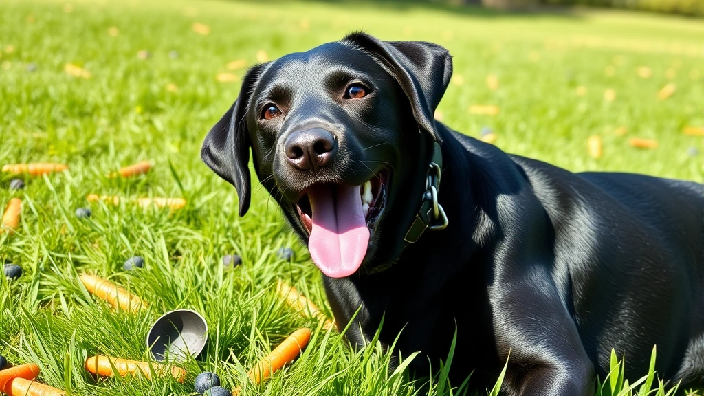 Happy black Labrador playing with safe dog treats like carrots and blueberries scattered on green grass, bright sunny day