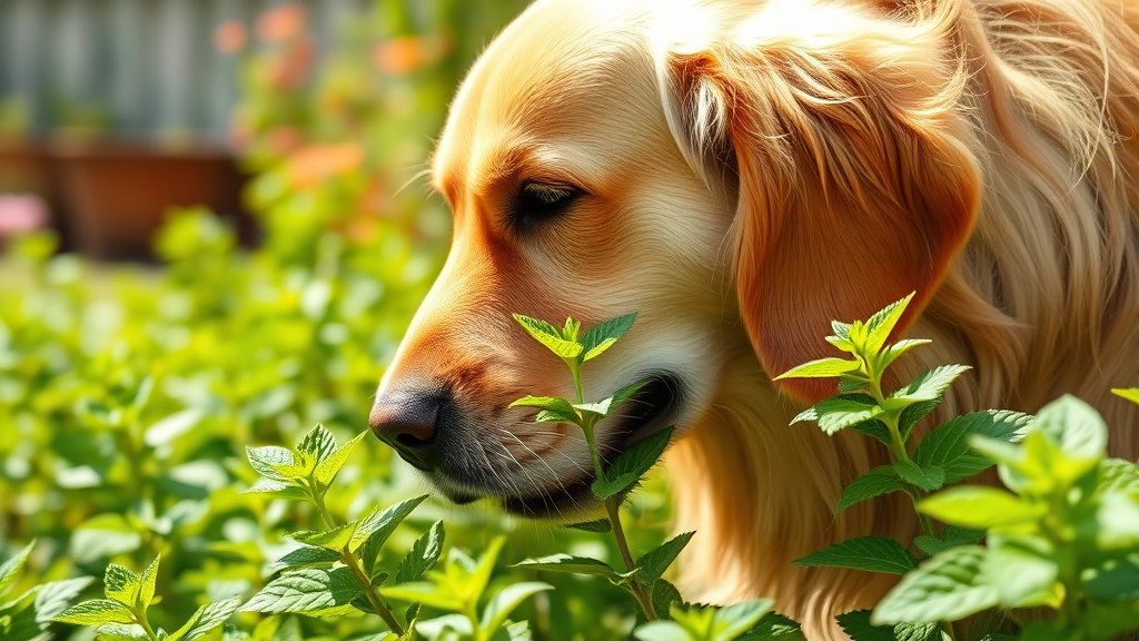Golden retriever sniffing fresh green peppermint plant leaves in bright garden setting, natural lighting, no text no words no letters
