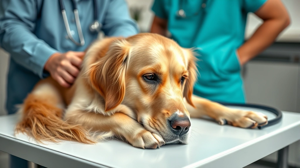 Golden retriever dog looking unwell lying on veterinary examination table with concerned owner nearby no text no words no letters