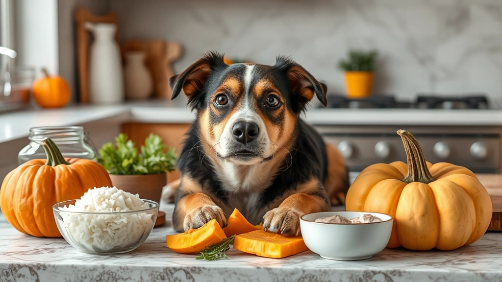 Various dog-safe digestive remedies including plain rice chicken and pumpkin arranged on kitchen counter no text no words no letters