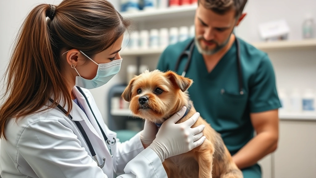 Veterinarian examining small dog while owner watches with medicine bottles visible in background no text no words no letters