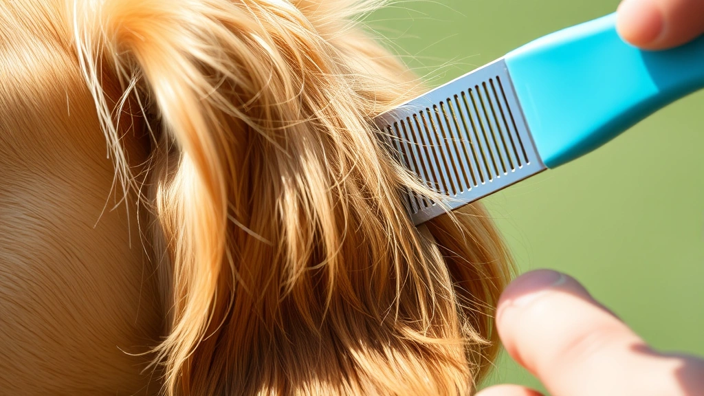 Close-up of a golden retriever's ear being examined with a flea comb, showing careful parasite inspection in natural daylight