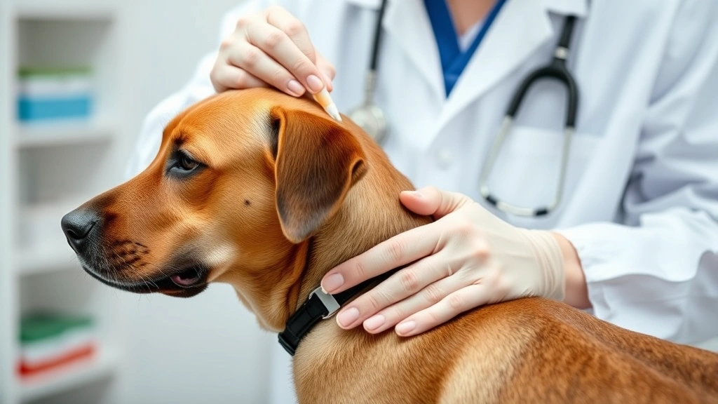 A veterinarian in white coat applying topical flea treatment to the back of a brown dog's neck, professional clinical setting