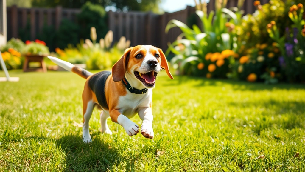 A happy beagle playing outdoors in a well-maintained yard with green grass and flowers, natural sunlight, active dog enjoying nature