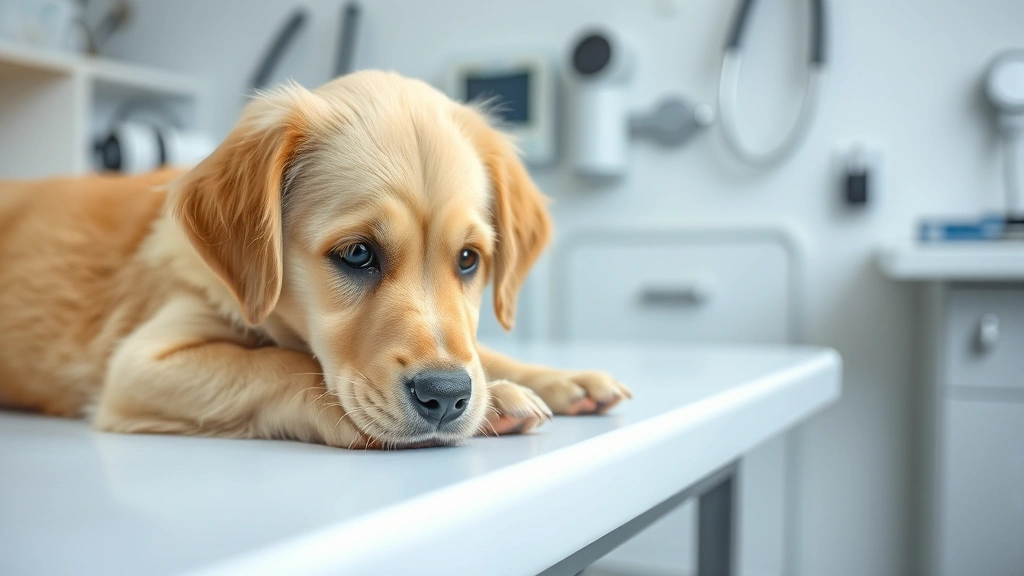 Golden Retriever puppy lying on white veterinary examination table with concerned expression, bright clinical setting