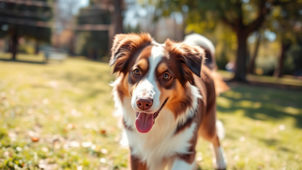 Australian Shepherd dog playing outdoors in sunny park, healthy and active, showing clean coat and bright eyes