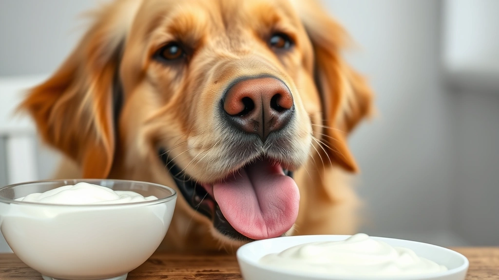 Close-up of a happy golden retriever's face with tongue out, looking at a white bowl of plain Greek yogurt on a wooden table