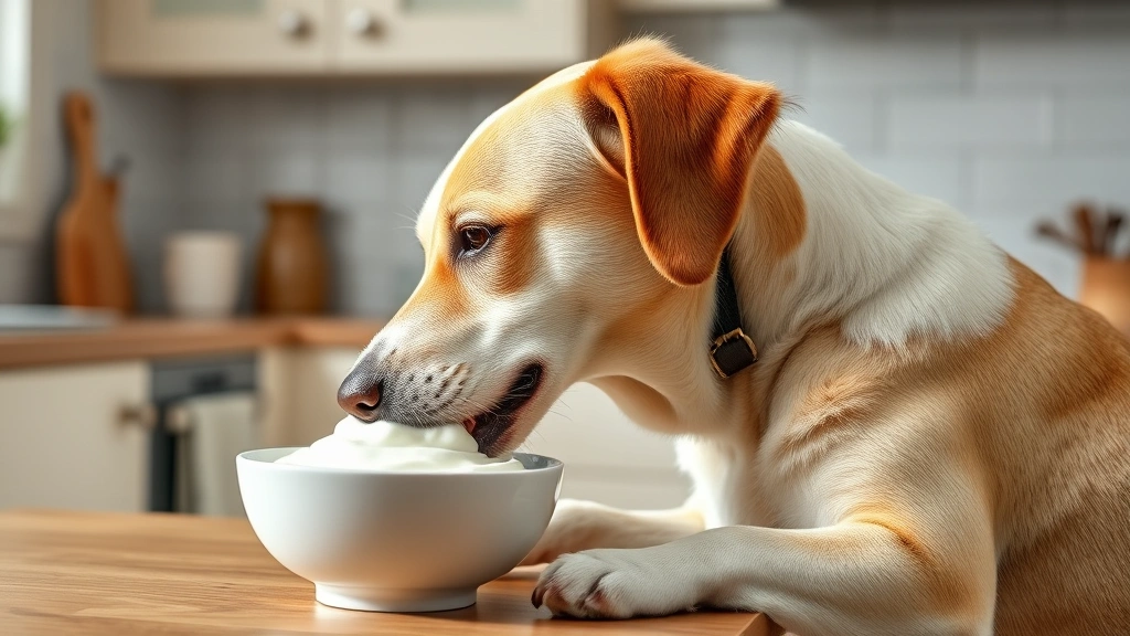 Photorealistic side view of a medium-sized dog eating Greek yogurt from a ceramic bowl in a bright kitchen setting
