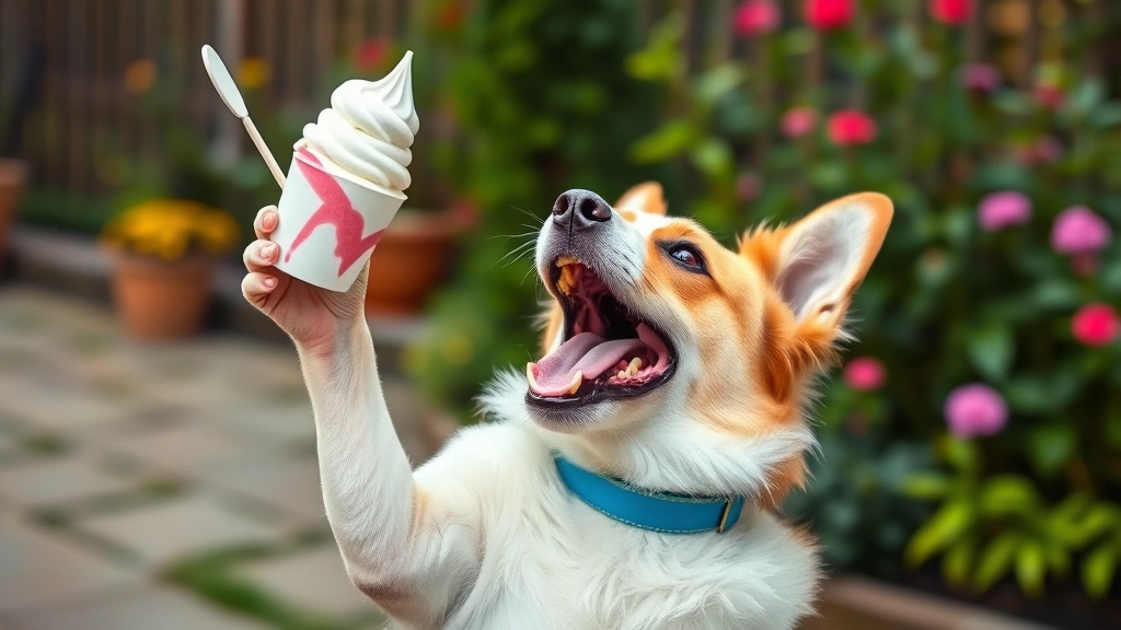 A playful dog with mouth open catching a frozen Greek yogurt treat mid-air in an outdoor garden setting