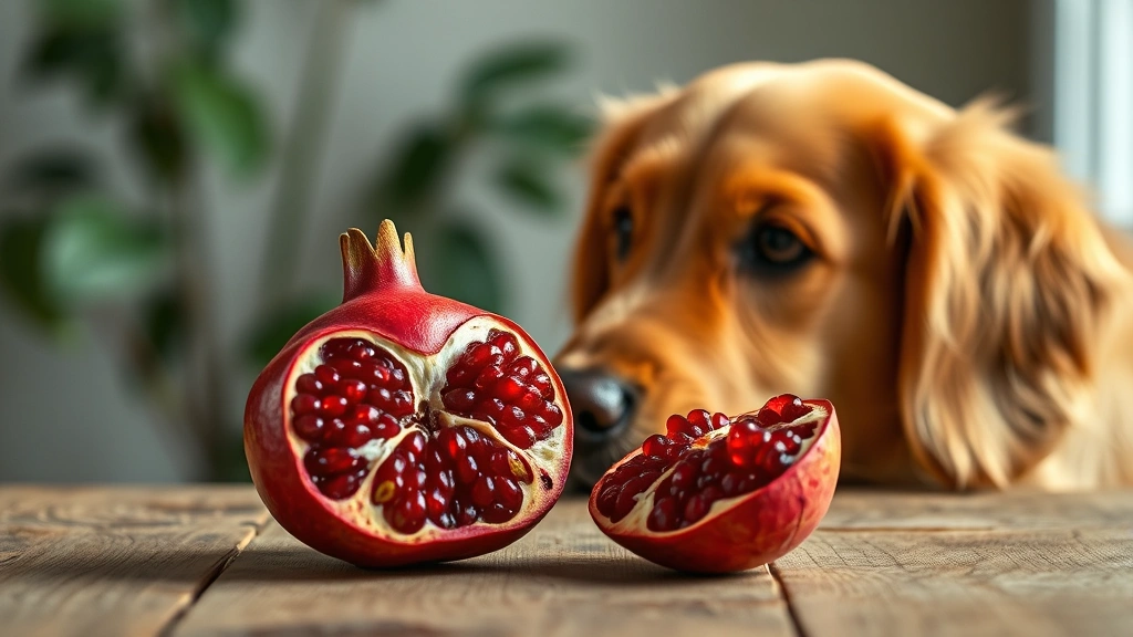 A golden retriever looking curiously at a whole pomegranate sitting on a wooden table, photorealistic, natural lighting, close-up perspective