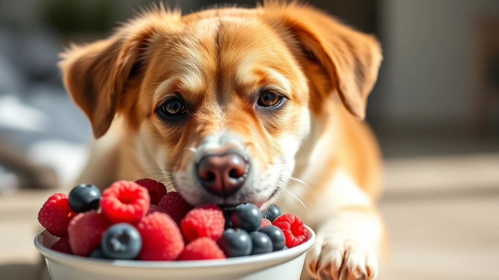 A healthy dog happily eating fresh blueberries and raspberries from a bowl, photorealistic, bright natural light, detailed fur texture