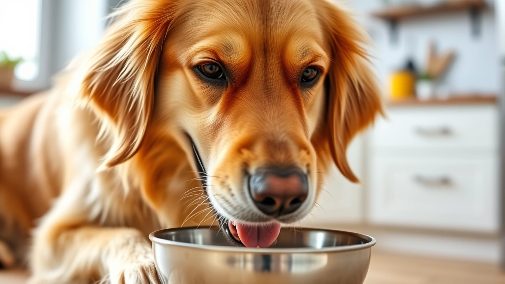 Golden retriever eating from a bowl, happy expression, bright kitchen background, natural lighting, close-up of dog's face