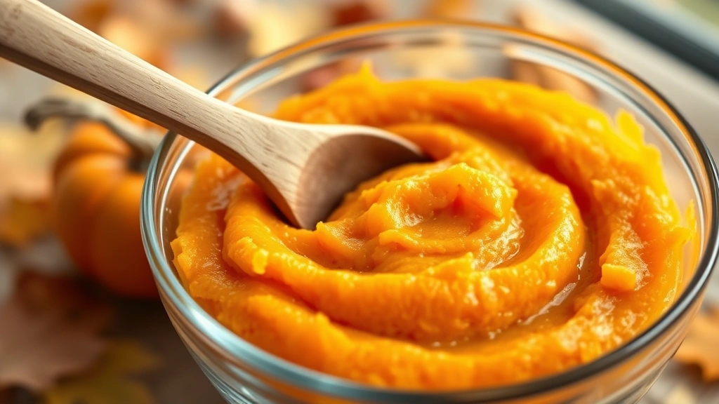 Pumpkin puree in a clear glass bowl with a wooden spoon, autumn setting, soft natural light, shallow depth of field