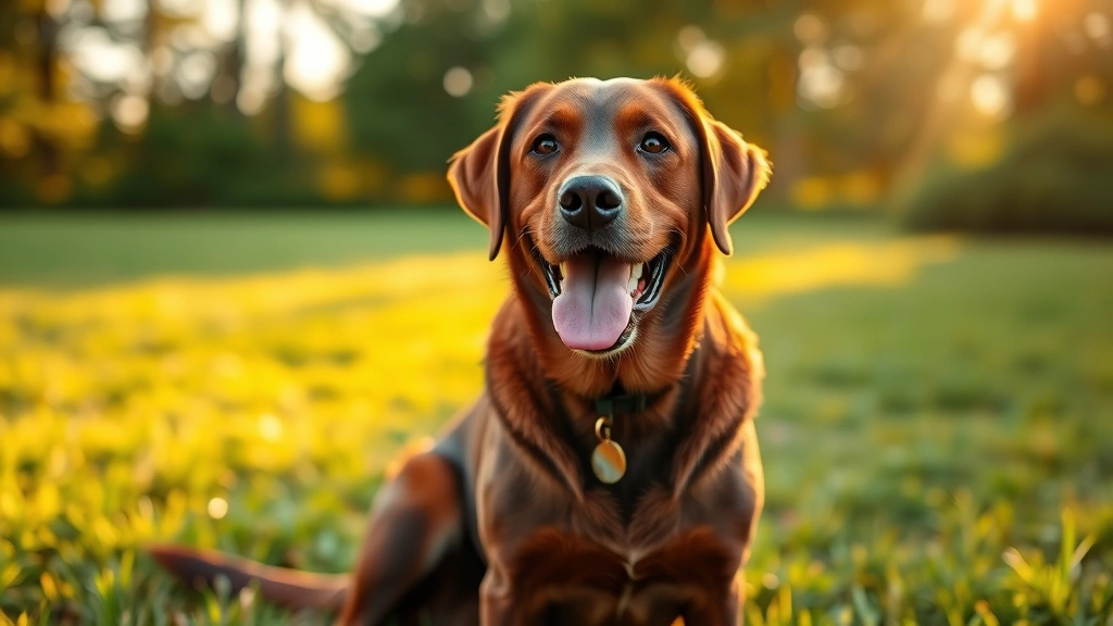 Labrador retriever sitting outdoors on grass with happy, healthy expression, golden hour lighting, trees in background