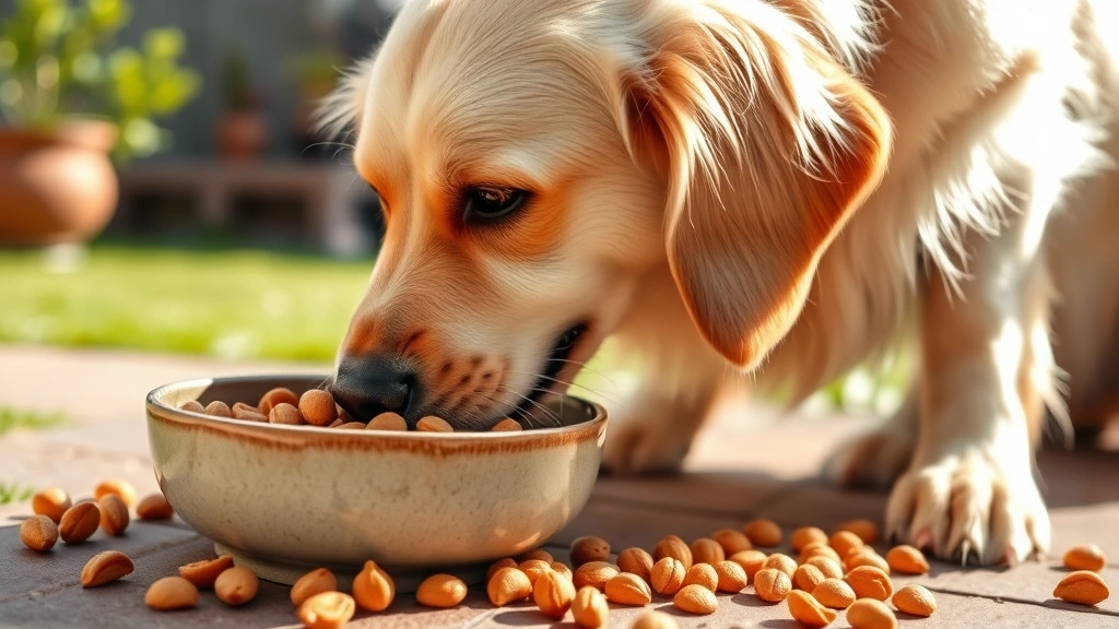 Golden retriever eating from a ceramic bowl filled with kibble, outdoor backyard setting with natural sunlight, dog focused and content