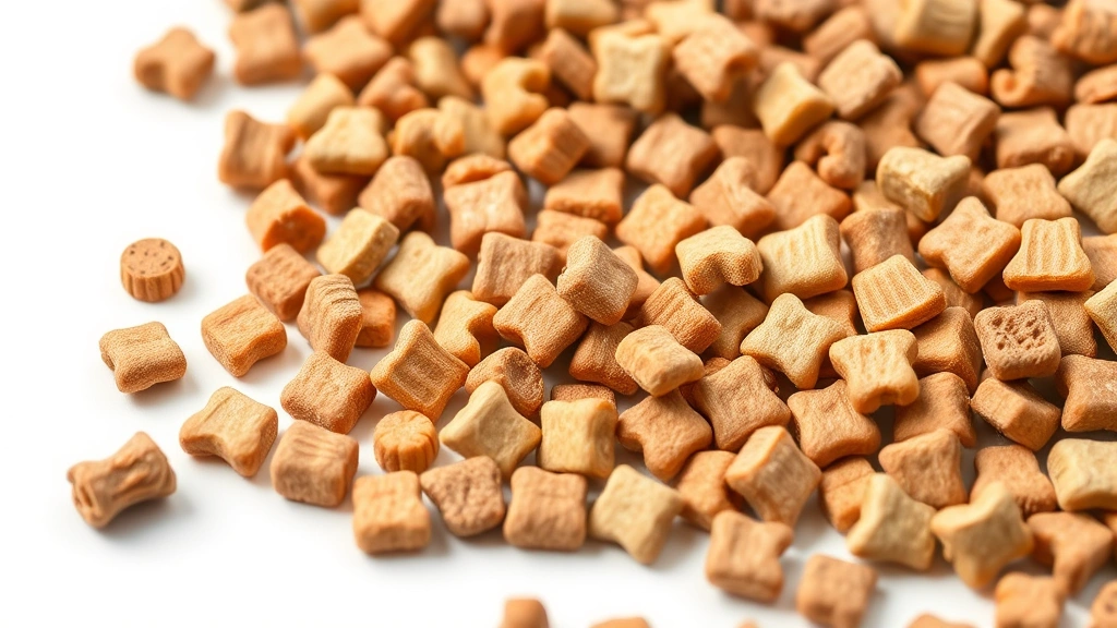 Close-up of dry dog kibble pieces in various sizes and colors, scattered on white surface, professional product photography style