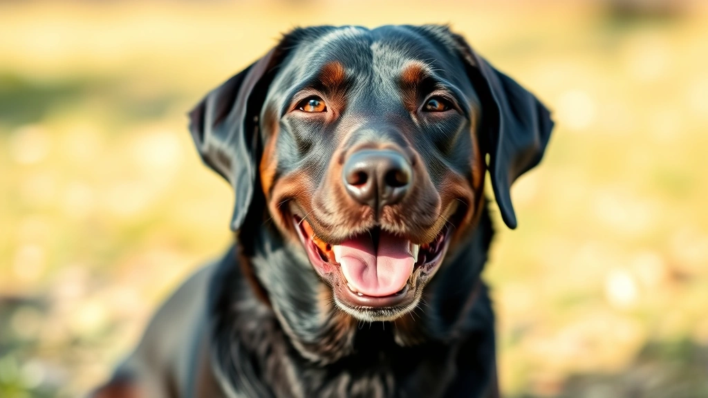 Happy Labrador mix with glossy coat and bright eyes sitting outdoors, showing signs of good health and nutrition from quality dog food
