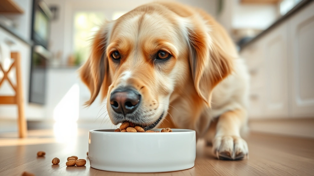 Golden retriever eating kibble from ceramic bowl in bright kitchen, close-up of dog's face and food bowl, natural lighting, warm and inviting atmosphere