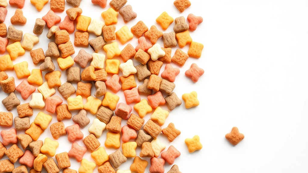 Assorted colorful dog kibble pieces scattered on white surface, various shapes and textures of dry dog food, macro photography style, detailed and clear