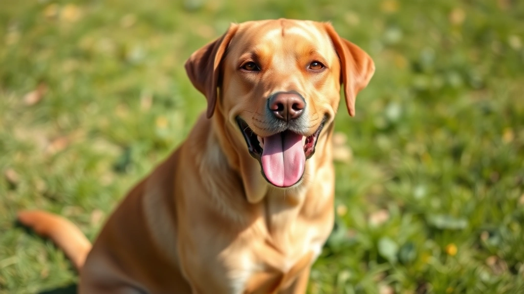 Happy Labrador retriever with glossy coat sitting outdoors, healthy dog with vibrant expression, natural sunlight, grassy background, professional pet photography