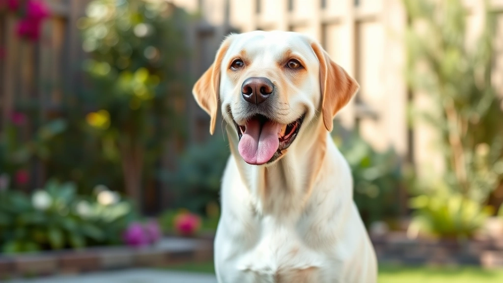 Happy Labrador with a healthy shiny coat and bright eyes, sitting outdoors in a garden with natural daylight, full body view showing good body condition