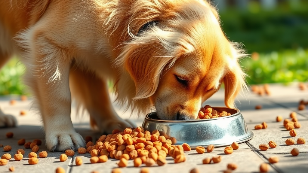 Golden retriever eating from bowl with kibble scattered around, natural lighting, no text no words no letters