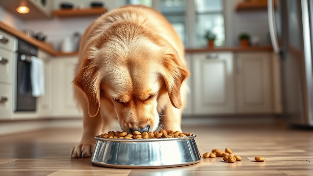 Golden retriever eating kibble from stainless steel bowl in bright kitchen setting no text no words no letters