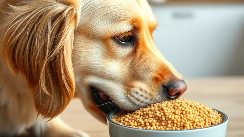 Golden Retriever eating from a bowl of plain cooked quinoa grains, natural kitchen lighting, close-up of the dog's face showing interest in the food
