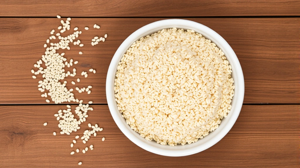 Overhead flat lay of a white ceramic bowl filled with fluffy cooked quinoa on a wooden table with scattered raw quinoa grains nearby