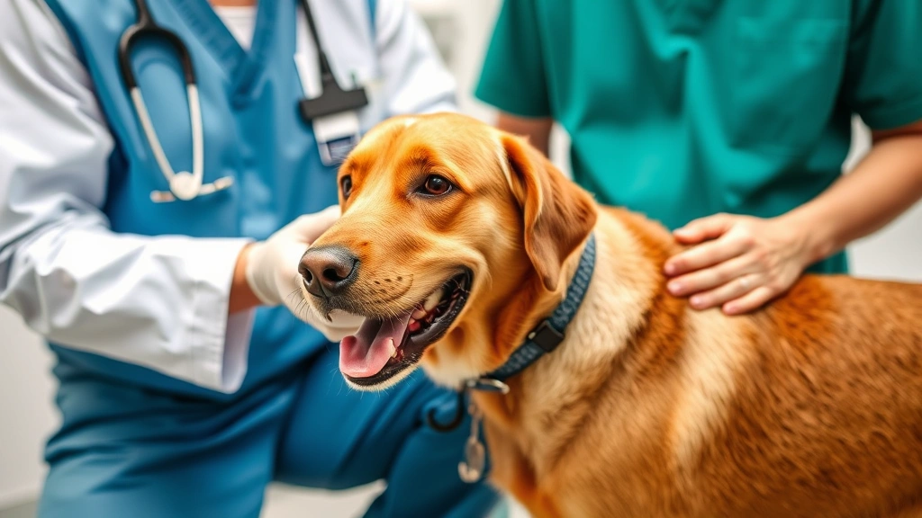 Veterinarian examining a healthy brown dog in a clinical setting while owner watches, showing professional consultation environment