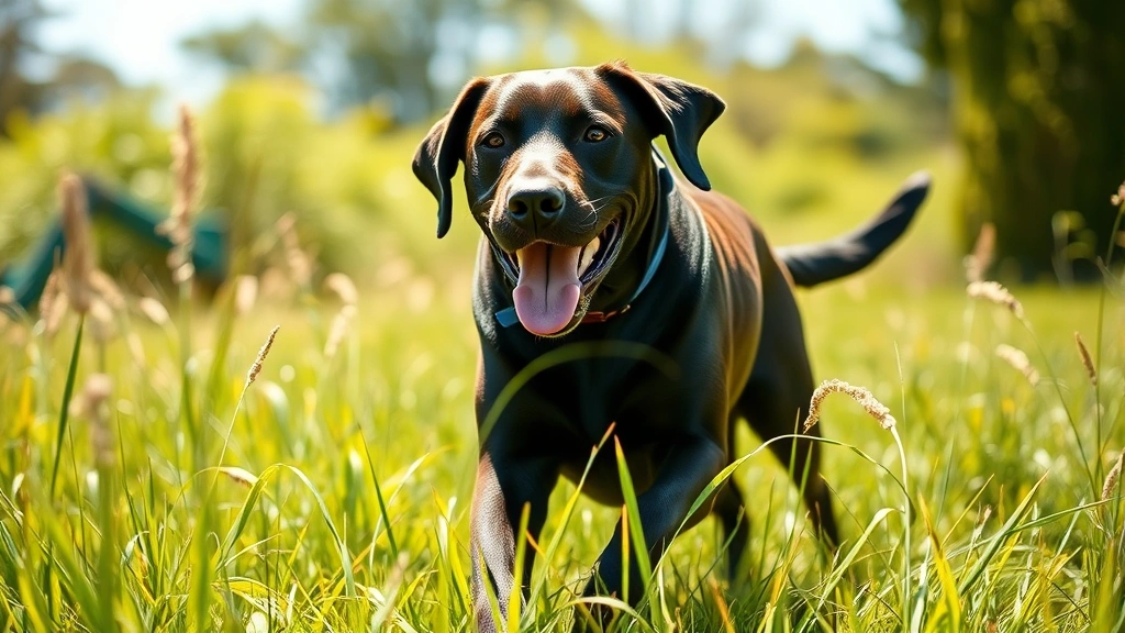 Happy labrador with shiny coat running through green grass outdoors, bright sunny day, healthy energetic dog in motion