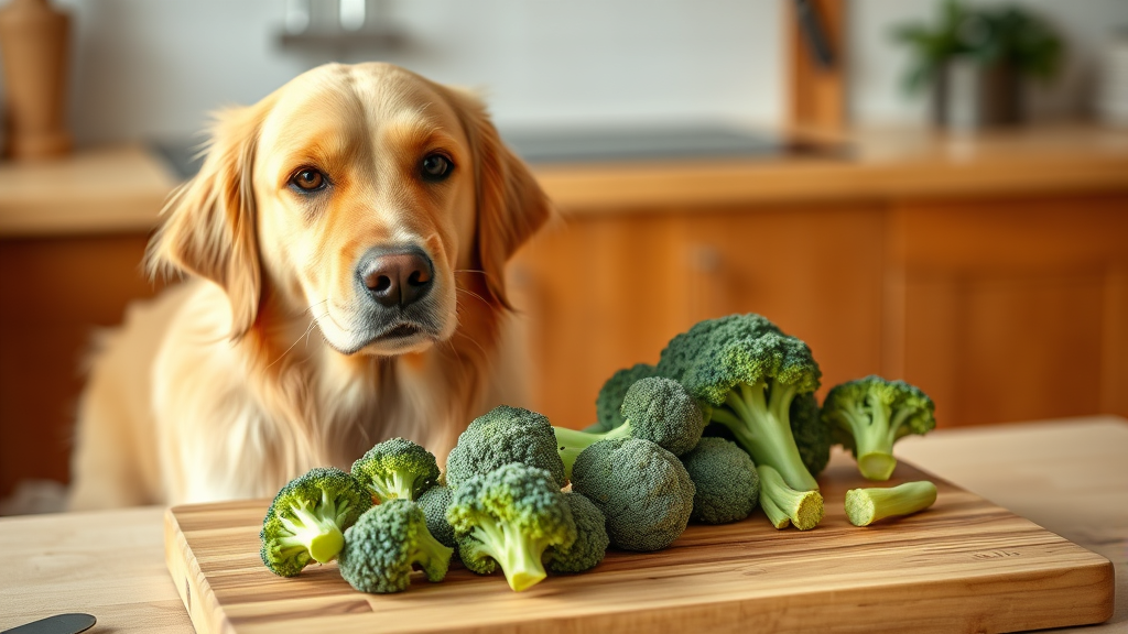 Golden retriever sitting beside fresh green broccoli florets on wooden cutting board, natural lighting, kitchen setting, no text no words no letters