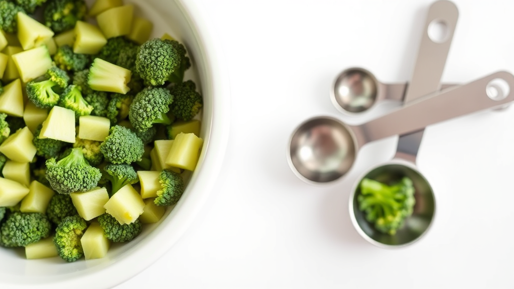 Close up of small diced raw broccoli pieces in dog bowl next to measuring spoons, clean white background, no text no words no letters