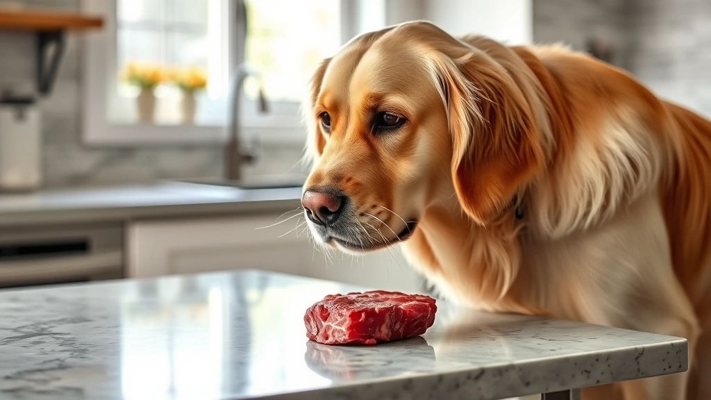 A golden retriever examining a raw steak on a kitchen counter, curious expression, natural lighting from window