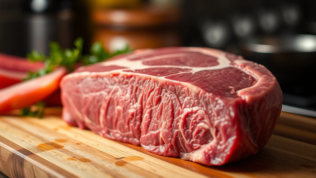 Close-up of fresh raw steak with visible marbling, professional food photography style, warm lighting on butcher block
