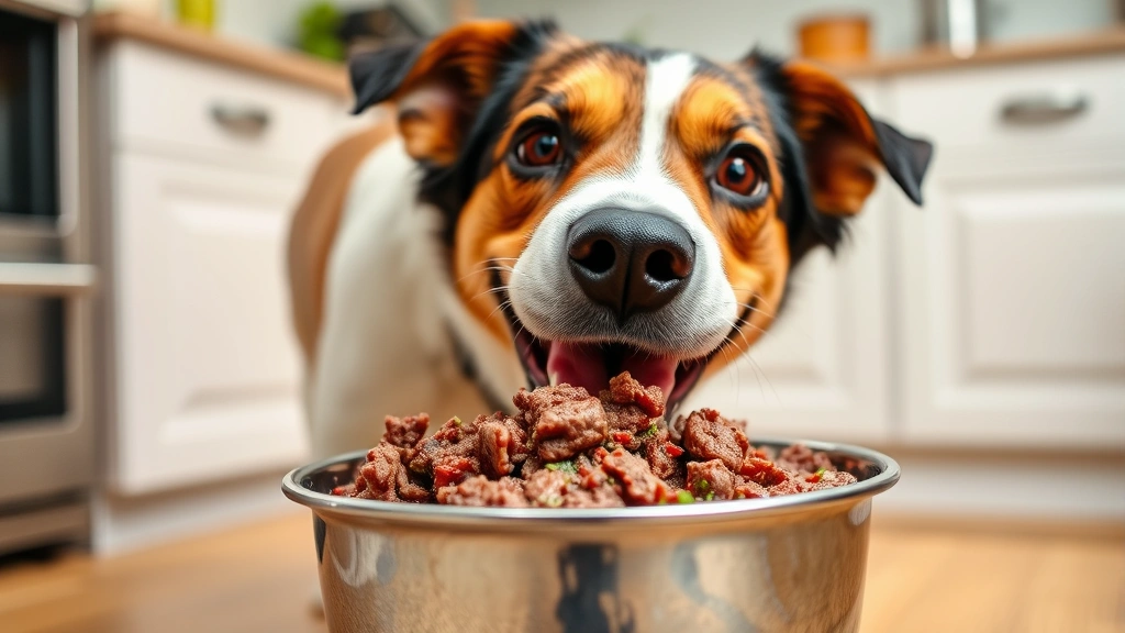 A dog eating from a stainless steel bowl containing cooked ground beef, happy expression, kitchen background