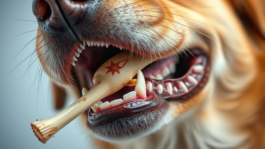 Close up dog mouth and teeth with rawhide piece, veterinary examination perspective, no text no words no letters
