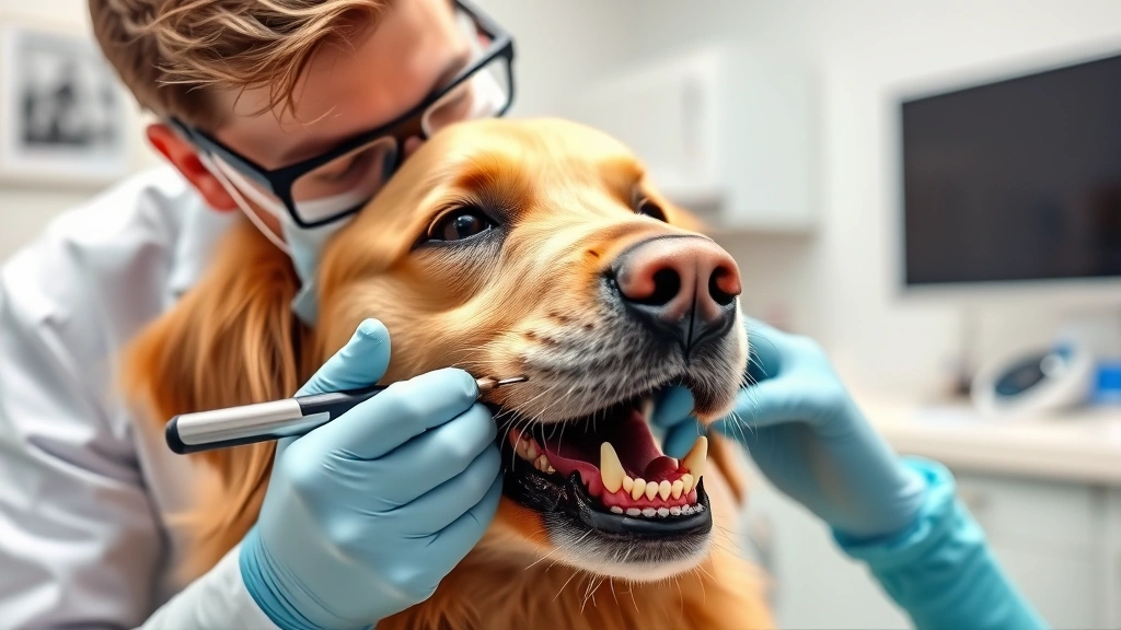 Veterinarian examining a golden retriever's teeth during dental checkup in bright clinic environment