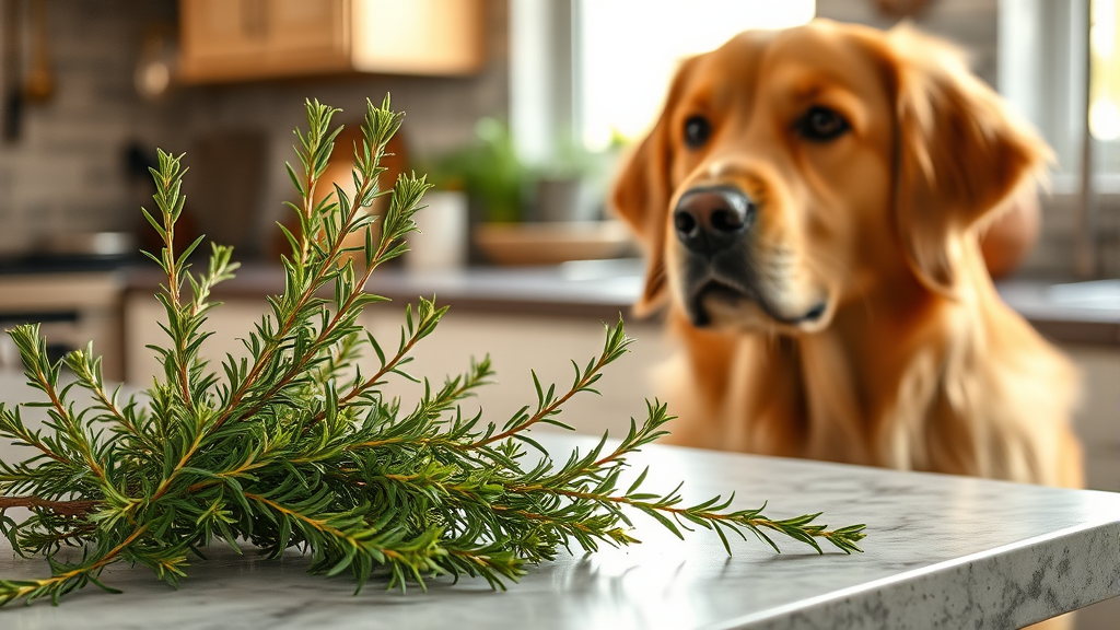 Fresh rosemary sprigs on kitchen counter with friendly golden retriever looking curiously, natural lighting, warm tones, no text no words no letters