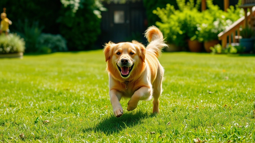 Golden retriever playing in a lush green backyard lawn on a sunny day, dog mid-run with joyful expression, residential garden setting