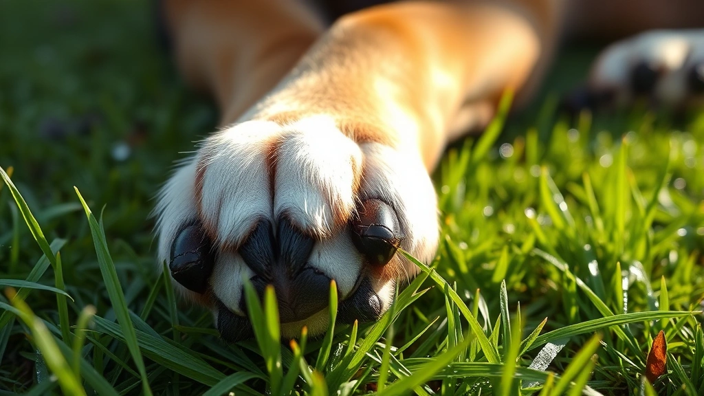 Close-up of a dog's paw resting on dewy grass in morning light, showing detail of paw pad and fur, natural outdoor environment