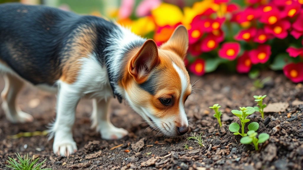 Small terrier dog sniffing and investigating garden soil and plants, curious expression, colorful flower bed in background